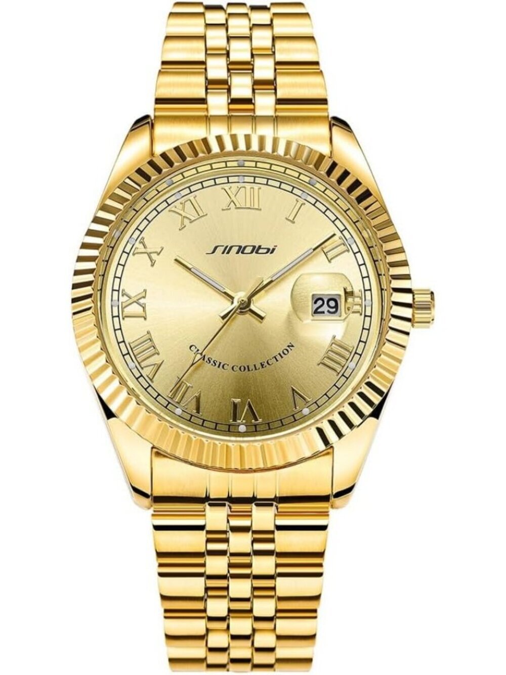 Men's Gold Luminous Hand Calendar Date Quartz Stainless Steel Round Wooden Watch